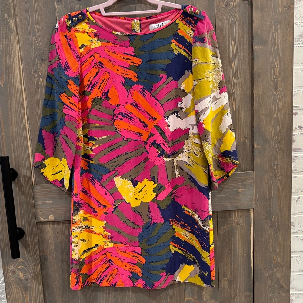 Tibi Pink Multi Abstract Brushstroke Mini Dress
